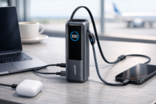 Anker A1695 25,000mAh Laptop Power Bank with built-in retractable USB-C cables charging a laptop and phone.
