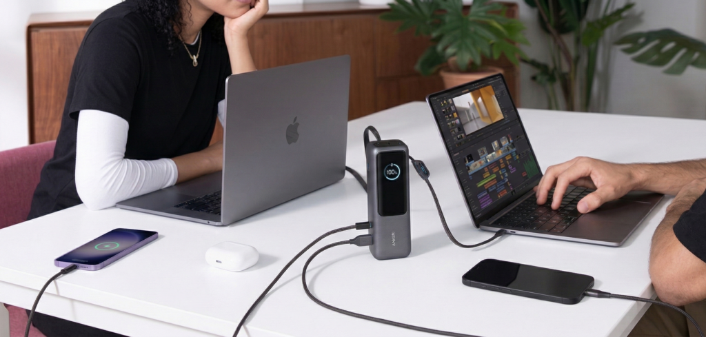 Anker A1695 140W power bank charging two laptops and a phone, showing its high capacity for travel.