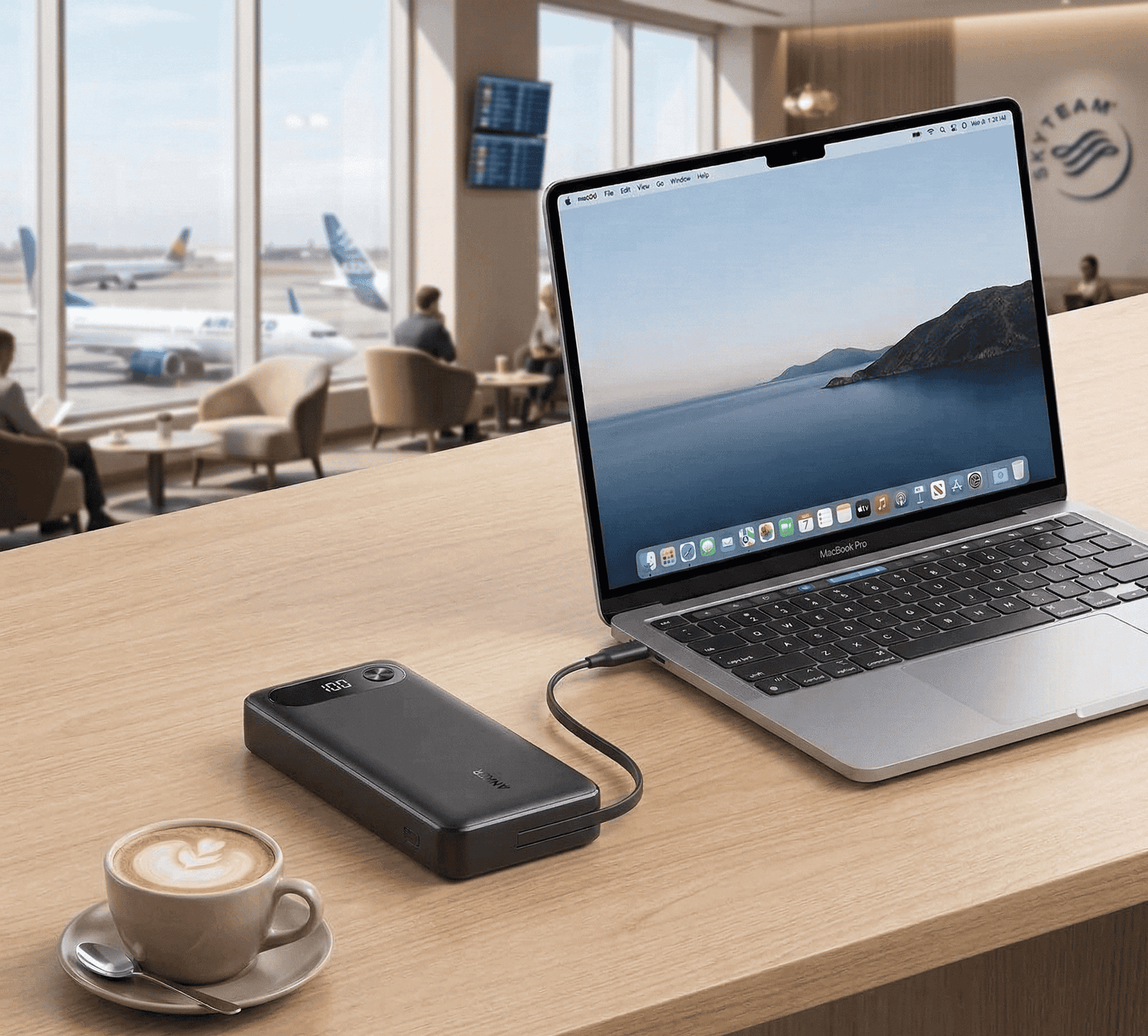 Black Anker A1383 87W power bank charging a silver MacBook on a wooden table in an airport lounge, sitting next to a cup of coffee.