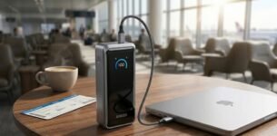 Anker Prime 26K 300W power bank with a digital display showing 100%, charging a silver laptop on a wooden table in an airport lounge next to a coffee cup and boarding pass