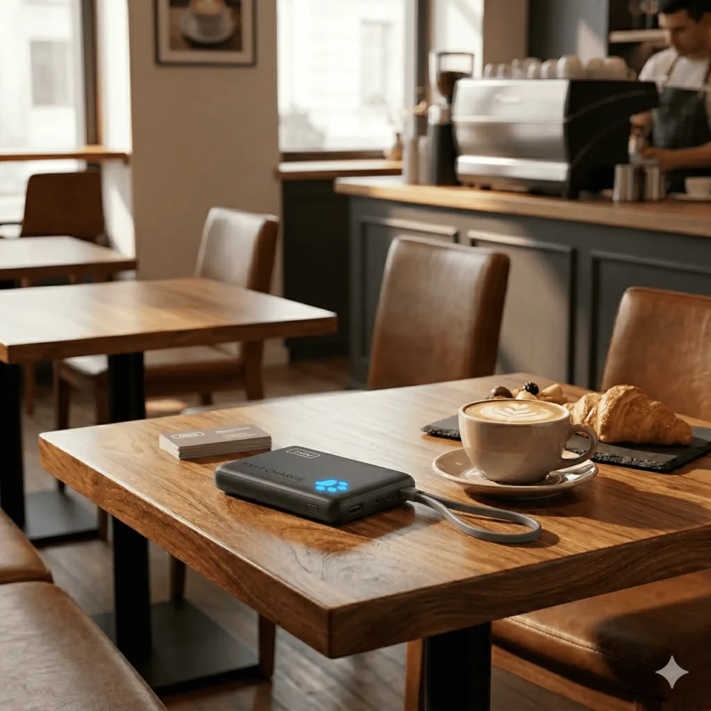 INIU P41L 10,000mAh 45W power bank with a glowing blue paw print indicator on a wooden cafe table next to a latte.