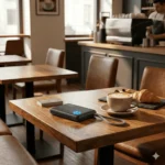 INIU P41L 10,000mAh 45W power bank with a glowing blue paw print indicator on a wooden cafe table next to a latte.