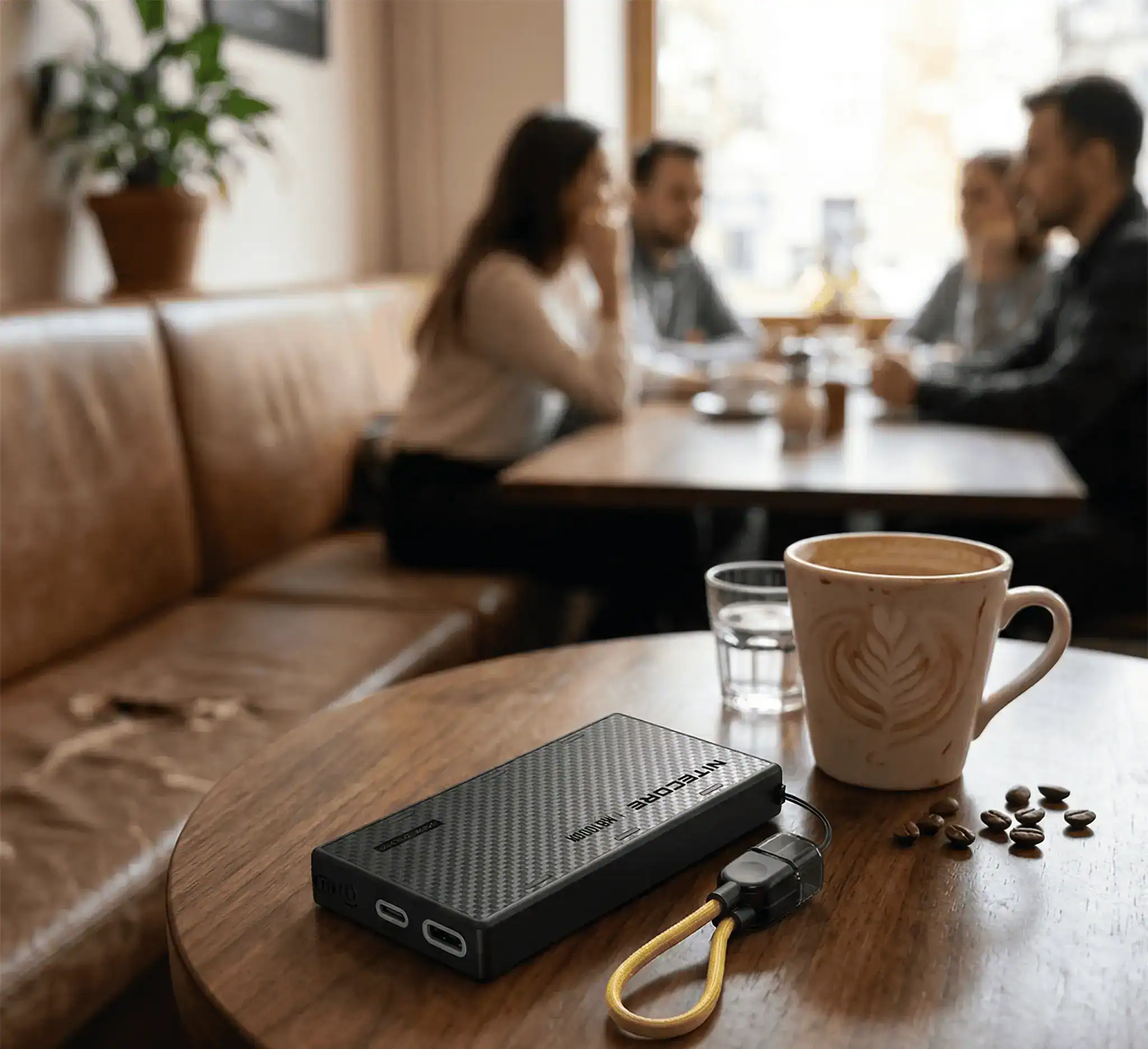 Nitecore NB10000 Gen 4 ultralight carbon fiber power bank on a cafe table next to a coffee cup, showing its slim design