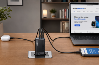 100W USB C Plug, Anker Prime GaN 3-Port Fast PPS USB C Charger powering laptop, phone and earbuds on a home desk