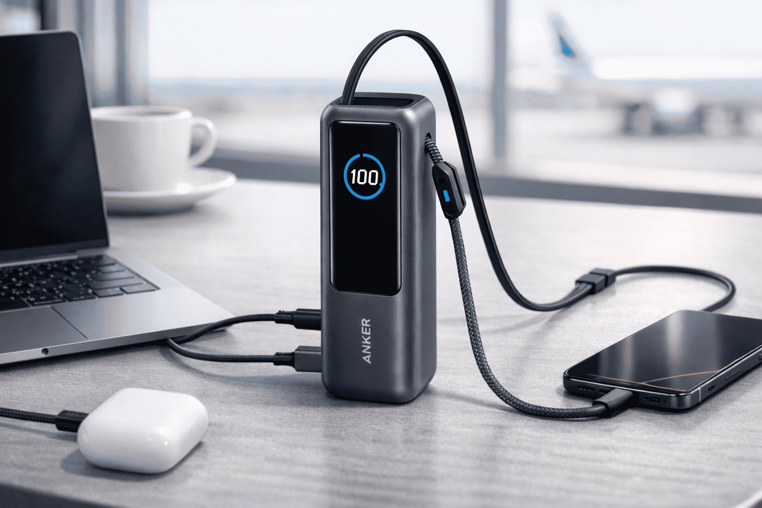 Anker A1695 laptop power bank at an airport, 90Wh and flight legal