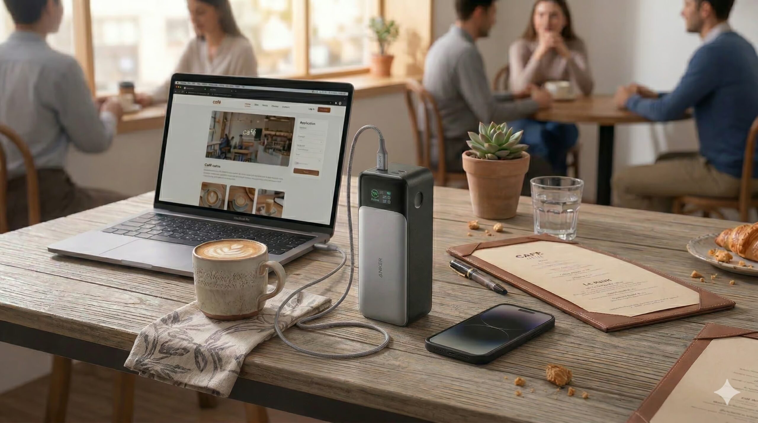 Anker 737 charging a laptop at 140W in a cafe
