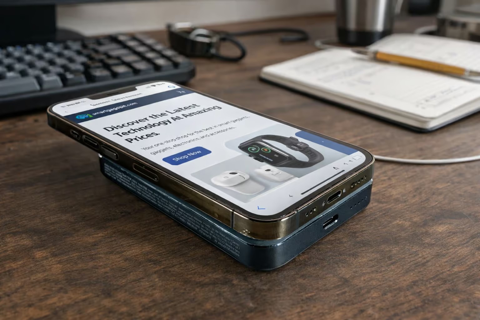 Smartphone resting on a slim Anker MagGo 10000mAh Qi2 magnetic power bank on a desk next to a notebook. Best travel charger.