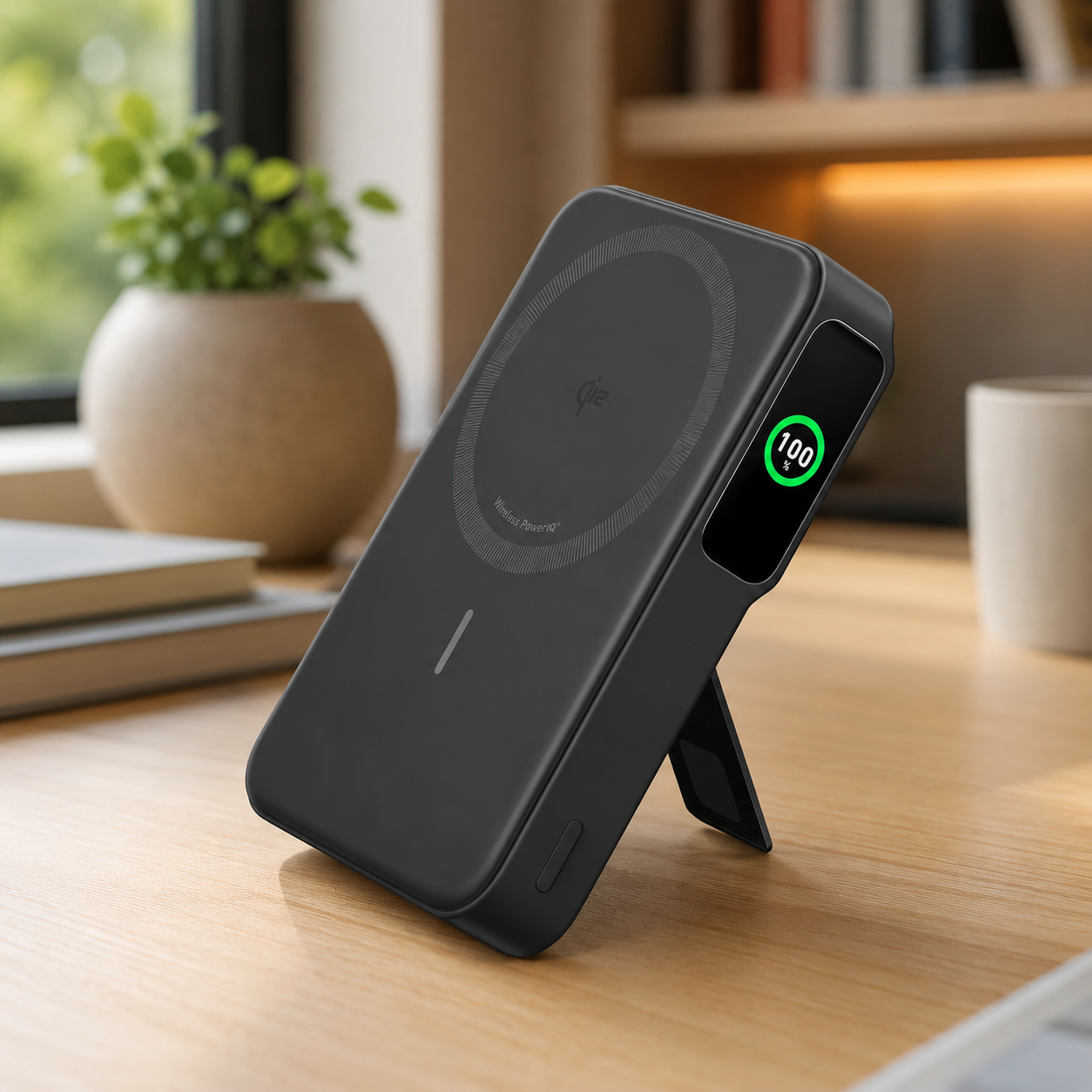 Anker MagGo Qi2 15W magnetic power bank on its foldable kickstand showing a 100% charge display
