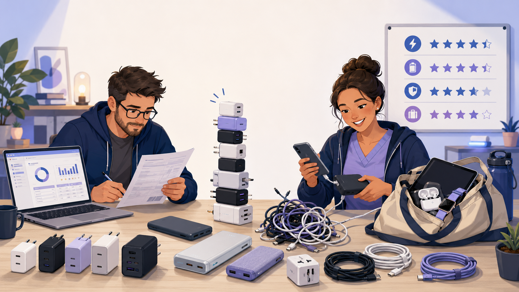 How we test and score chargers and power banks at SmartGadgetKit: two reviewers comparing GaN chargers, power banks and cables against four criteria