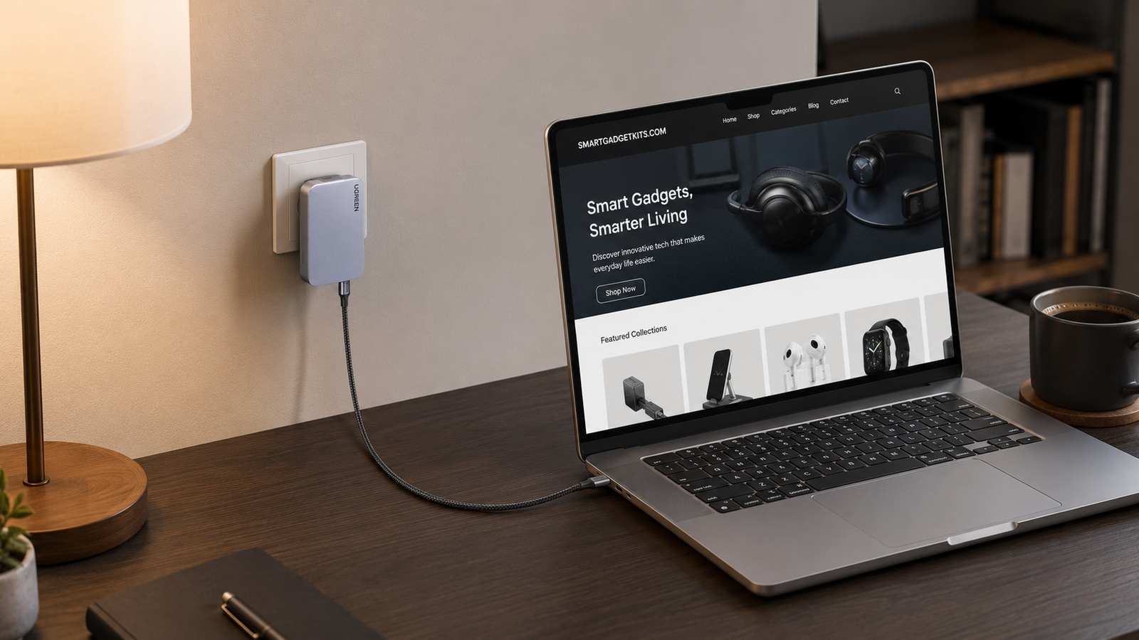 UGREEN Nexode Pro 65W GaN charger plugged into a wall socket charging a laptop on a home desk setup