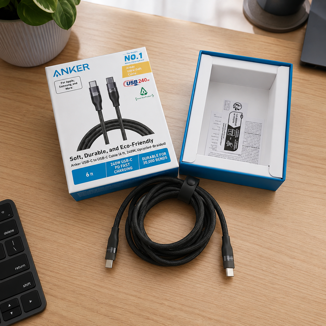 Anker 240W USB-C to USB-C braided cable, our best overall USB-C cable pick