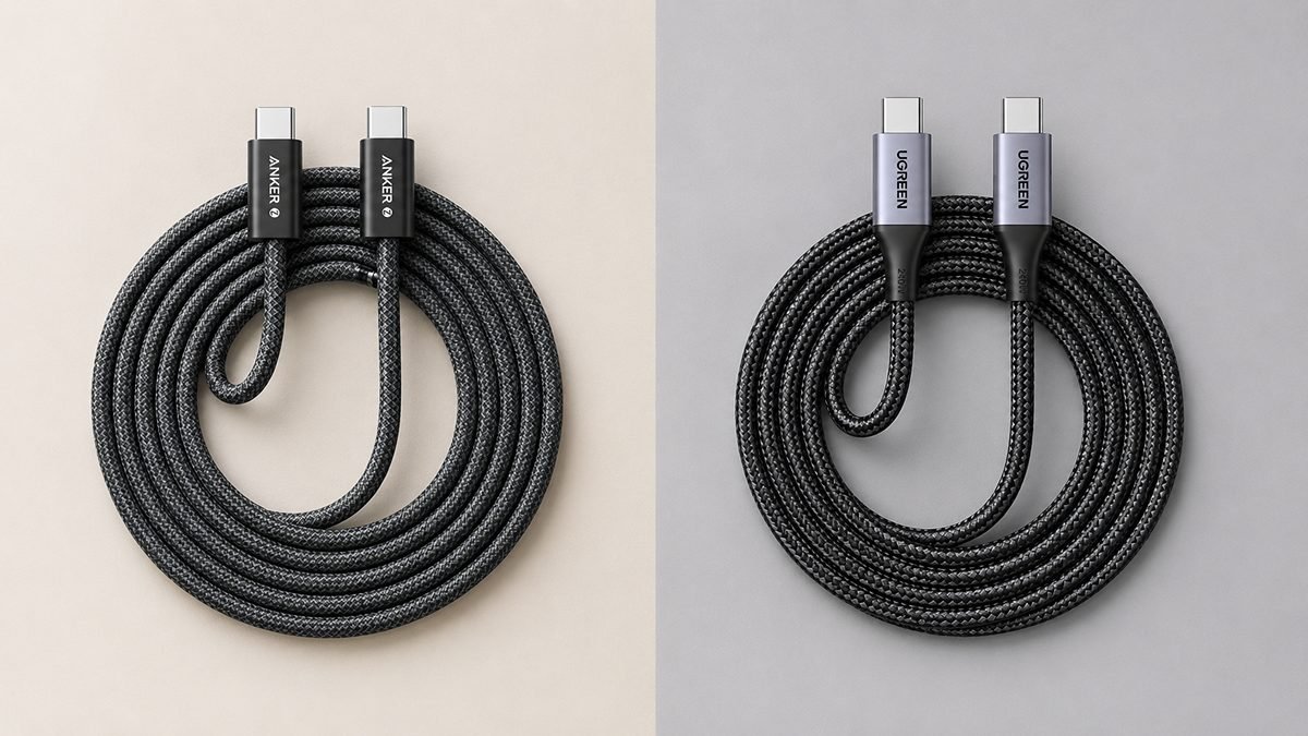 Anker Zolo and UGREEN 240W braided USB-C cables coiled side by side