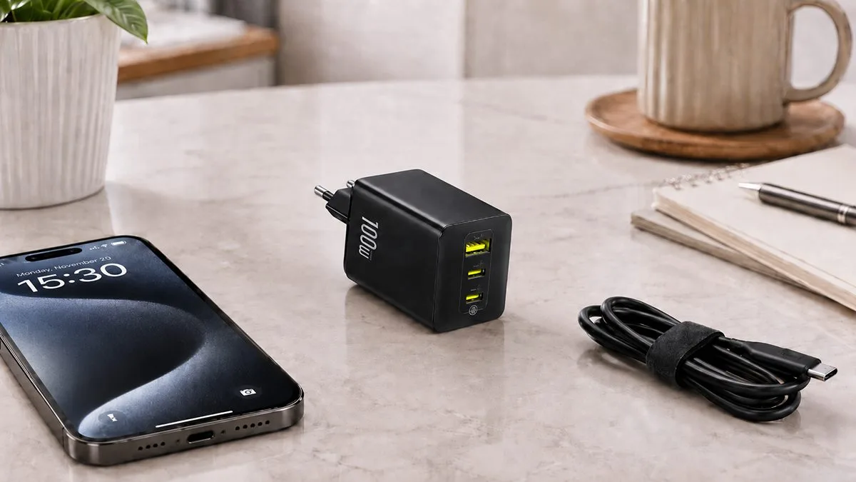 Baseus EnerFill FE11 100W 3-port USB-C laptop charger beside a phone and a cable