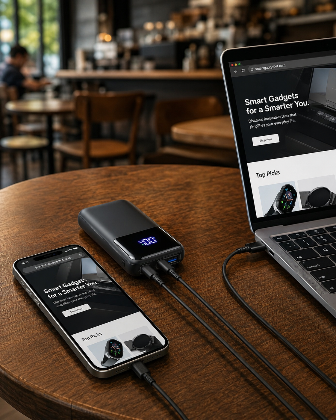 INIU 65W 20,000mAh power bank charging a laptop and phone on a cafe table