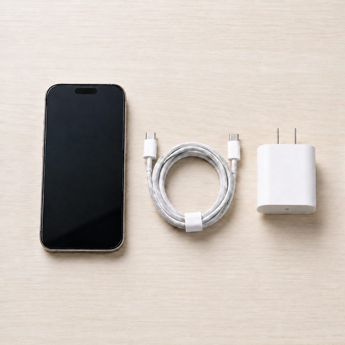 An iPhone beside a USB-C cable, a USB-C wall charger and a wireless power bank on a desk