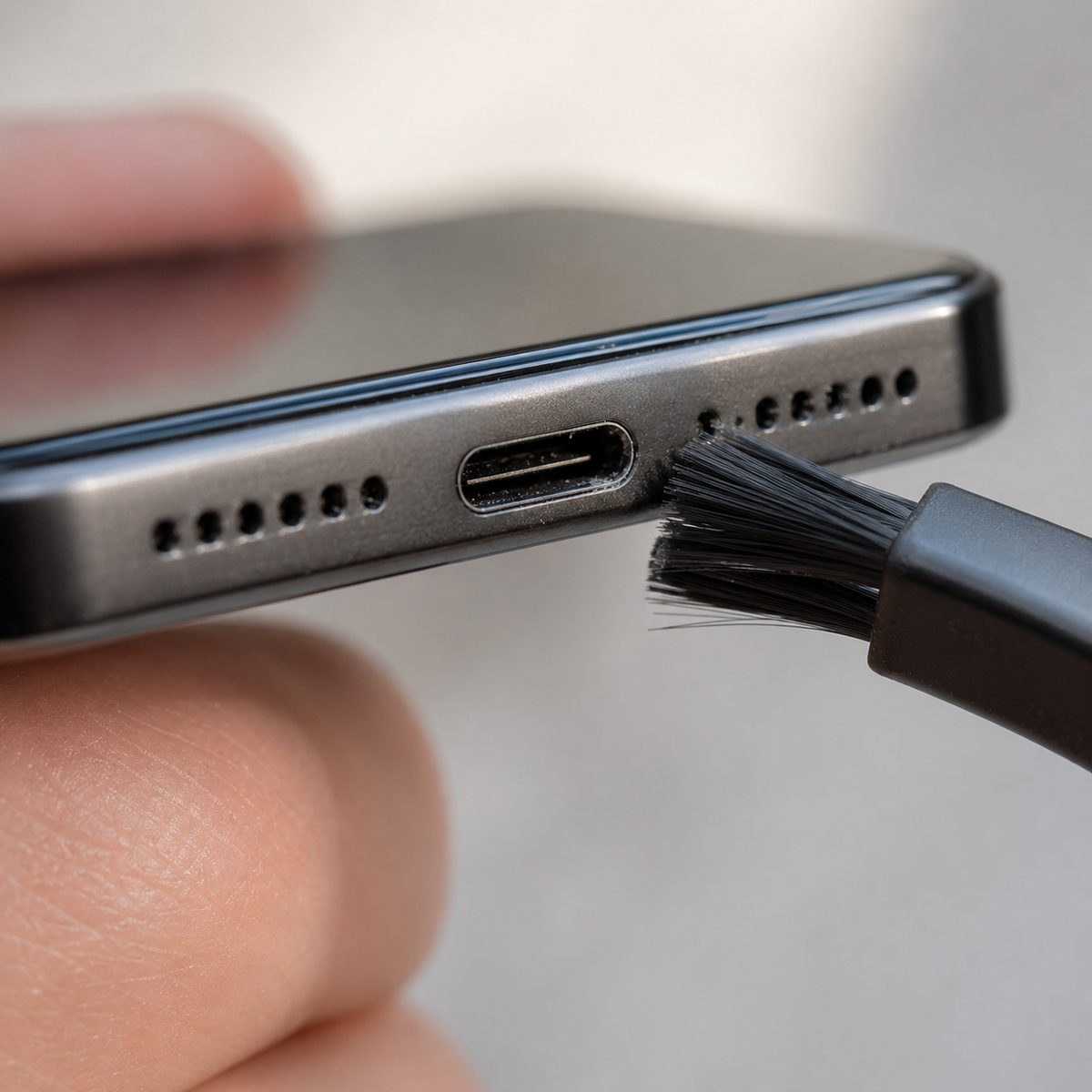 Cleaning the USB-C charging port on an iPhone with a small soft brush