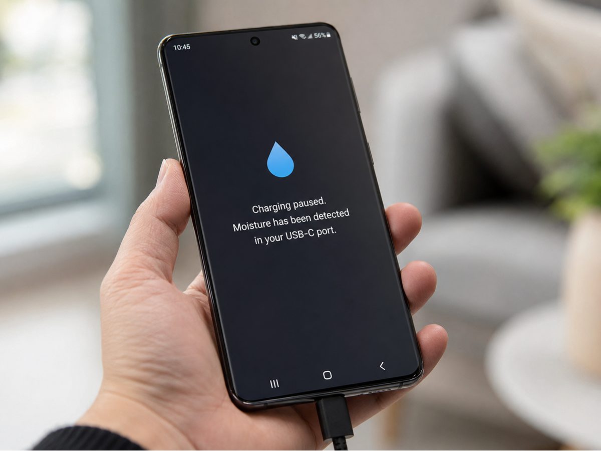 A Samsung phone screen showing a water-drop moisture-detected warning that has paused charging