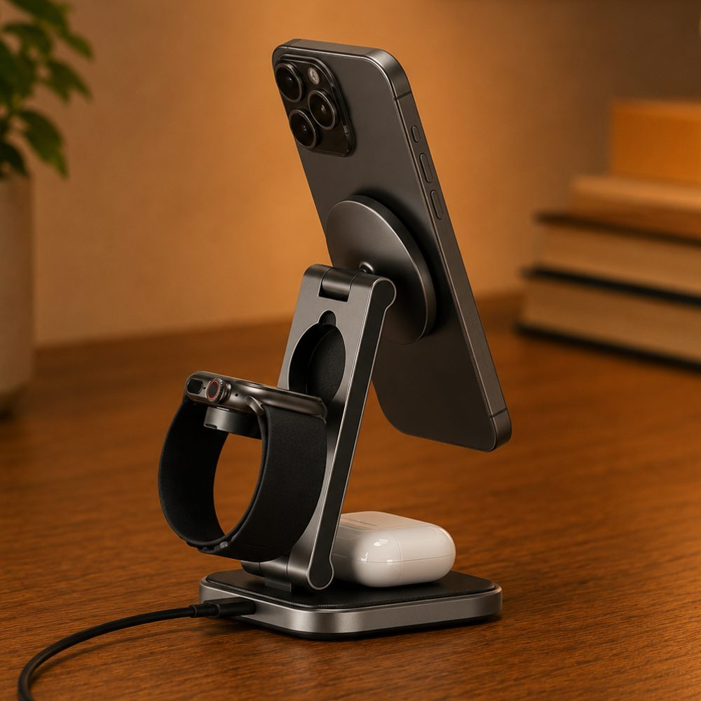 Satechi 3-in-1 Foldable Qi2 wireless charger stand, travel