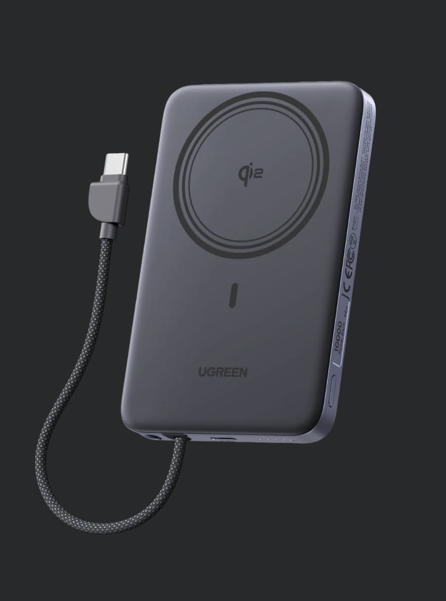 UGREEN Ultra-Slim 10000mAh Qi2 15W magnetic power bank with built-in USB-C cable