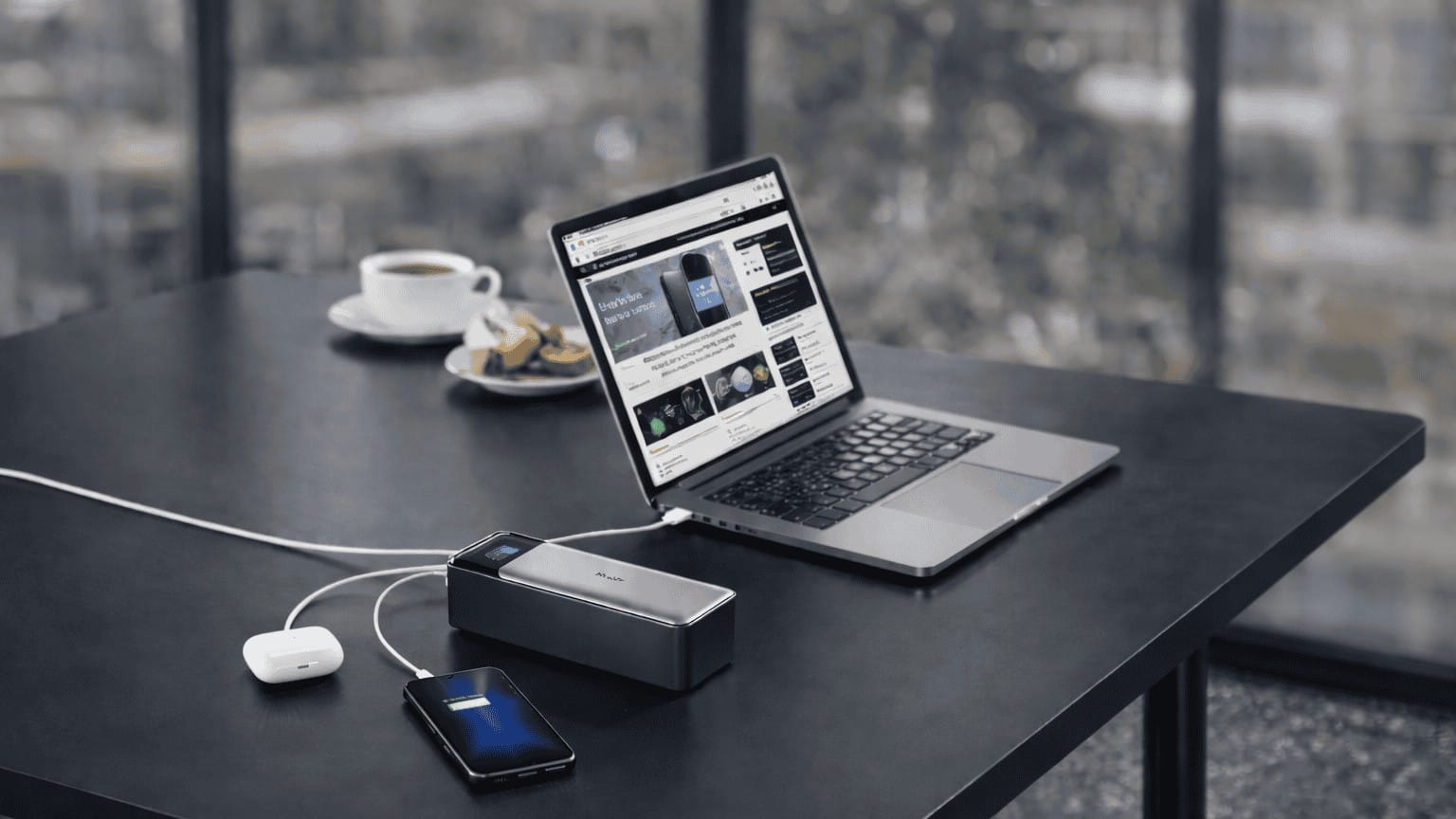 Anker 737 PowerCore 24K power bank at an airport gate, 140W USB-C