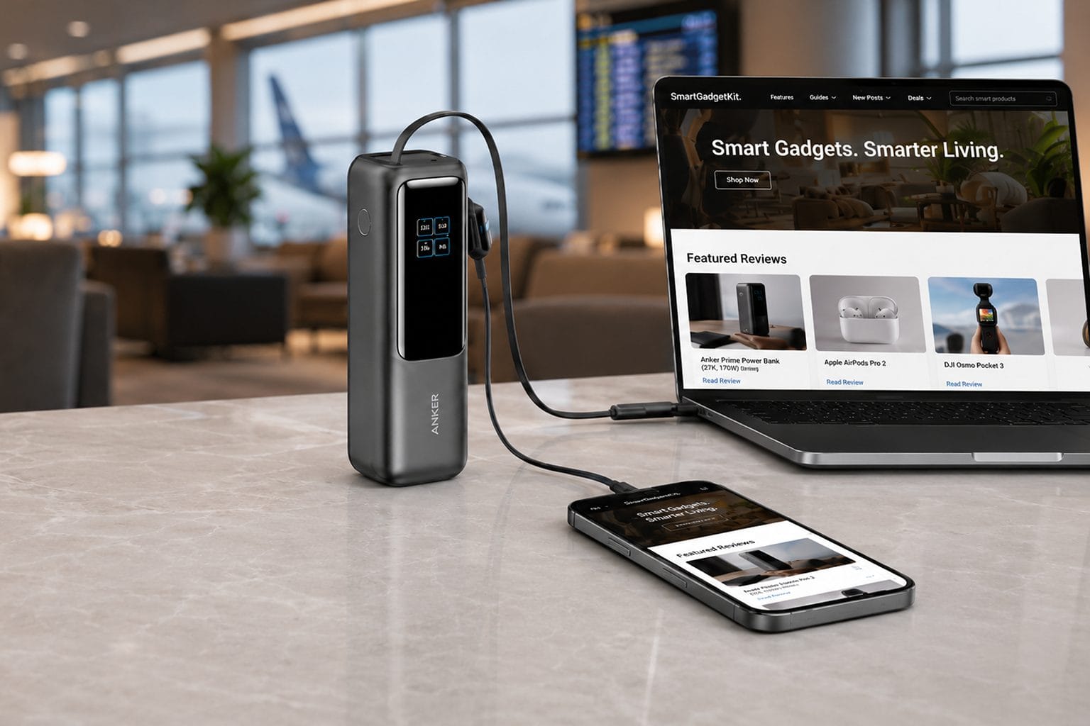 Anker Laptop Power Bank 25000mAh with built-in cables and smart display