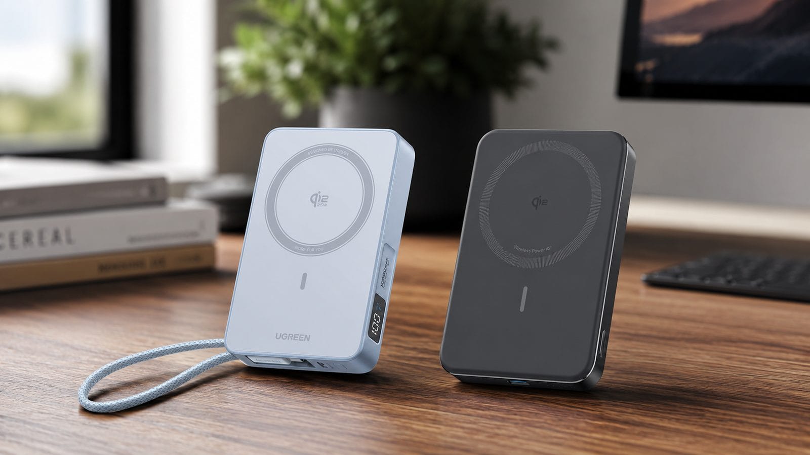 Anker MagGo vs UGREEN MagFlow, the UGREEN on the left and the Anker on the right on a wooden desk
