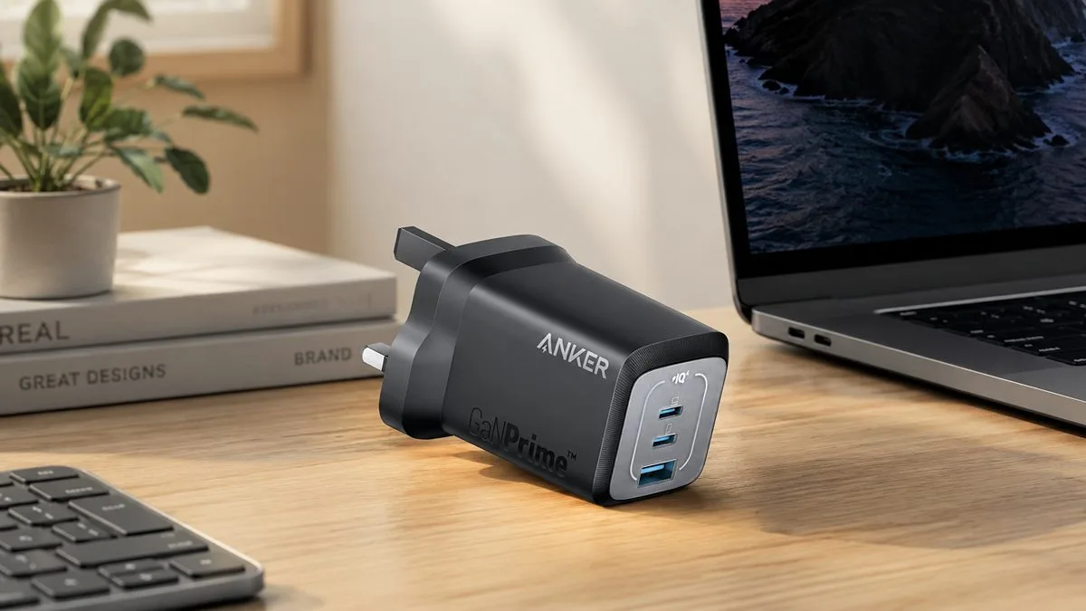 Anker Prime 67W GaN wall charger with two USB-C and one USB-A port