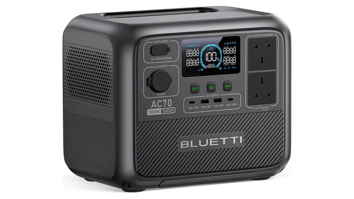 BLUETTI AC70 portable power station at a campsite