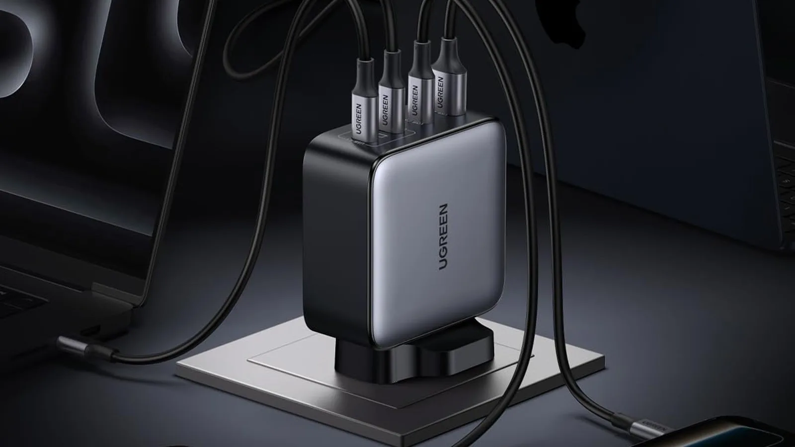 UGREEN Nexode 200W 3C1A GaN charger with four cables connected