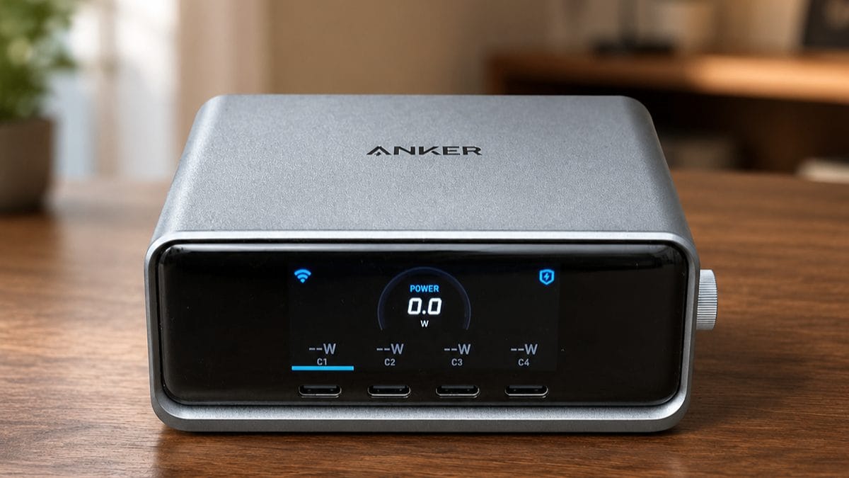 Anker Prime 250W charger on a desk with its LCD display facing the viewer