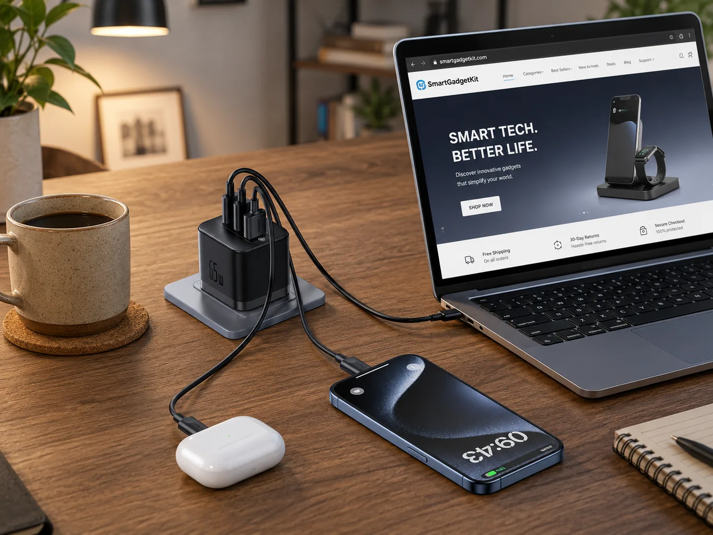 Baseus 65W 3-Port GaN charger on a desk