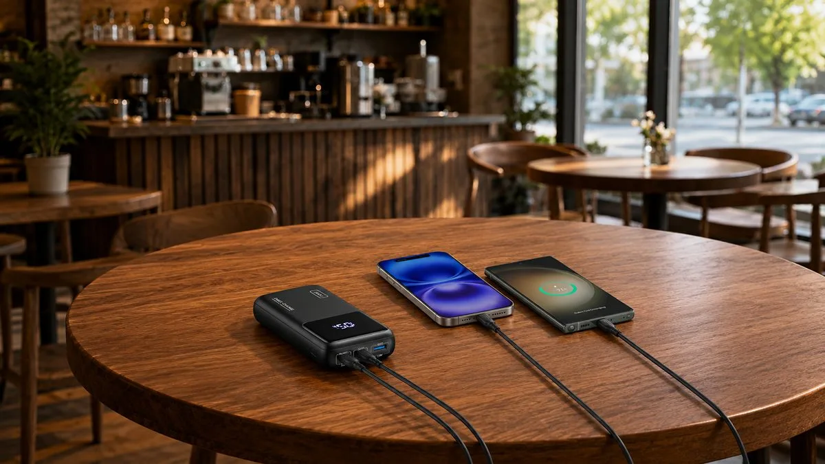 INIU Cougar P63-E1 25000mAh 100W power bank charging two phones on a cafe table