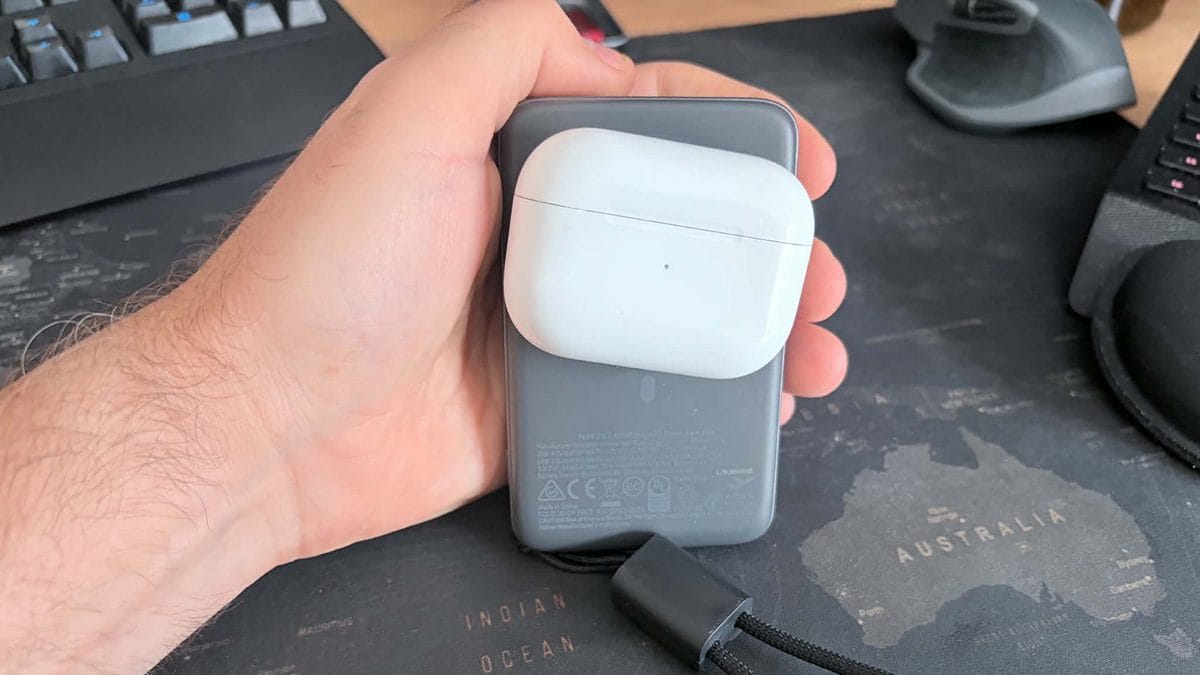 AirPods Pro charging on LISEN Qi2.2 power bank wireless charging pad