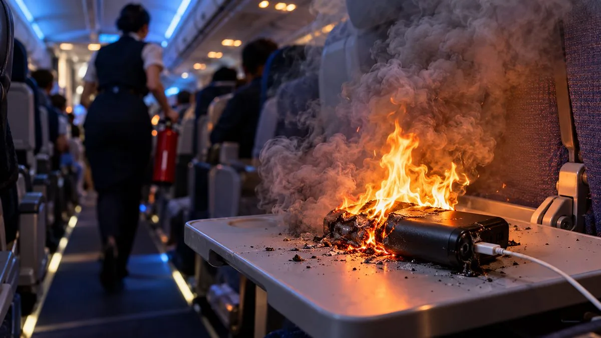 Lithium ion battery fire statistics: a portable charger on fire on an airplane tray table as a flight attendant brings an extinguisher