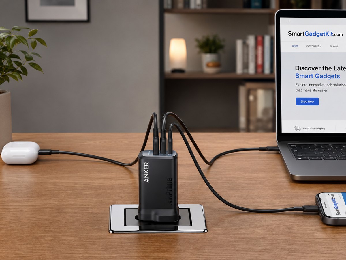 Anker Prime 100W GaN USB-C laptop charger powering a laptop, phone and earbuds on a desk