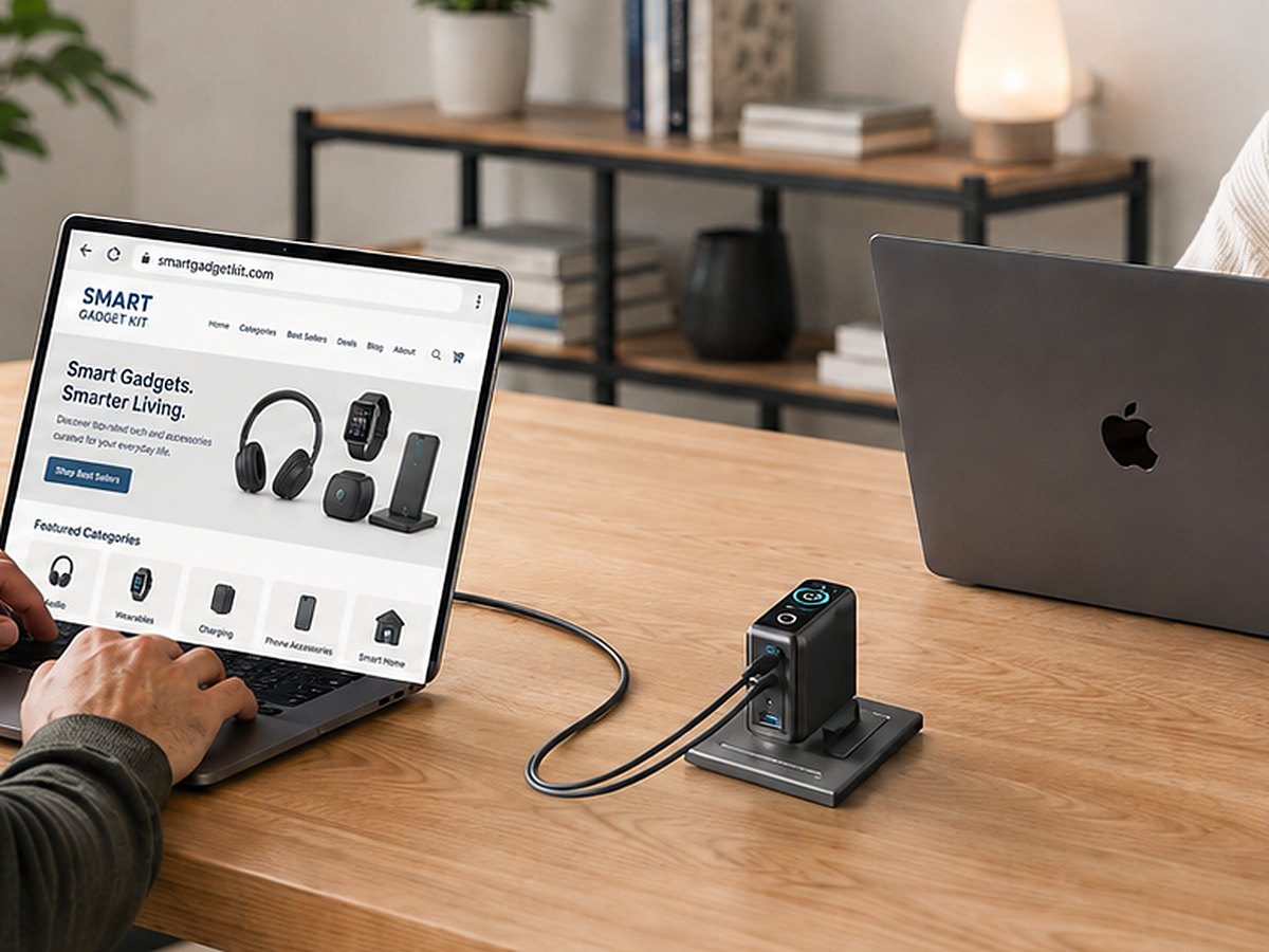 Anker 140W 4-port PD 3.1 USB-C laptop charger connected to laptops on a desk