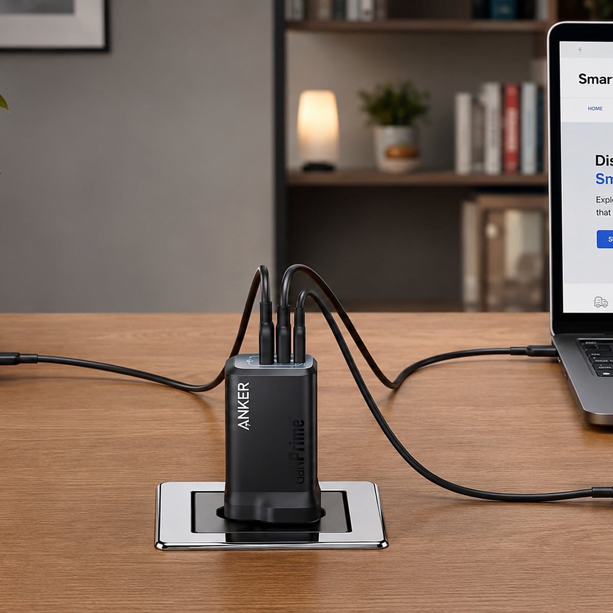 Anker Prime 100W charger set up on a desk beside a laptop and a phone