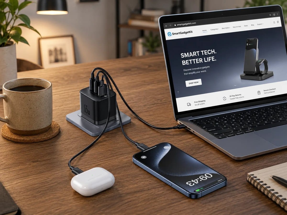 Baseus 65W 3-Port GaN charger on a desk