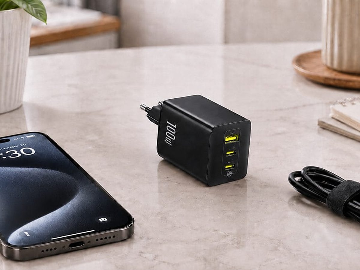 Baseus EnerFill FE11 100W 3-port USB-C laptop charger beside a phone and a cable