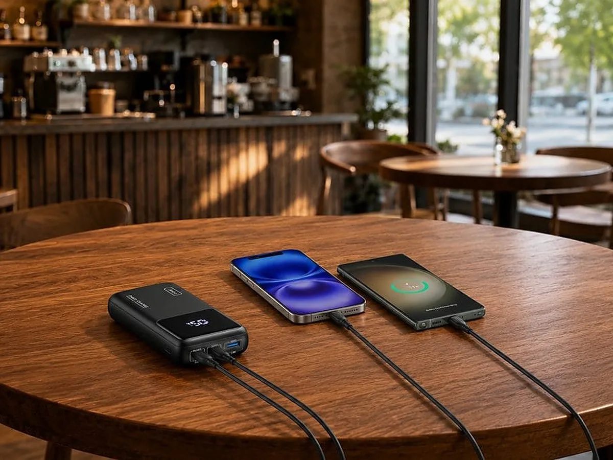 INIU Cougar P63-E1 25000mAh 100W power bank charging two phones on a cafe table