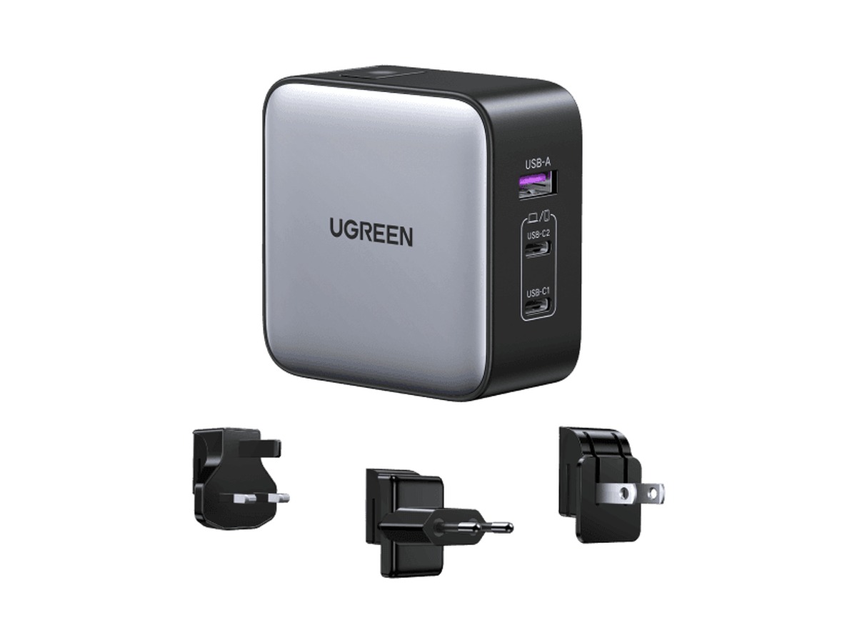 UGREEN Nexode 65W 3-port travel charger with interchangeable US, UK and EU plug heads